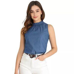 Allegra K Denim Chambray Ruffle Neck Sleeveless Shell Top XL